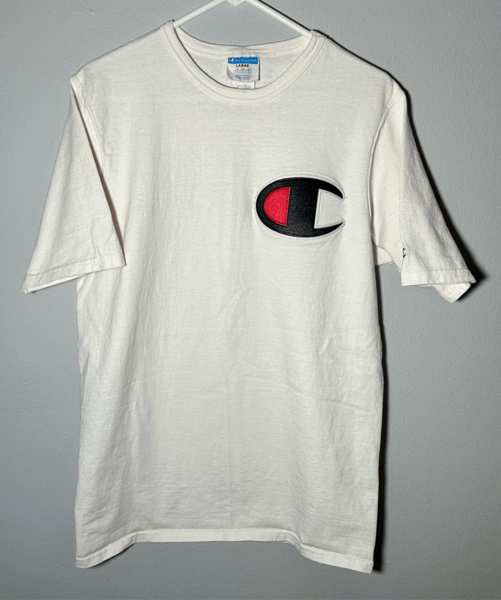 Vintage Y2K Champion Large Logo White 100% Cotton T-shirt Sz Large
